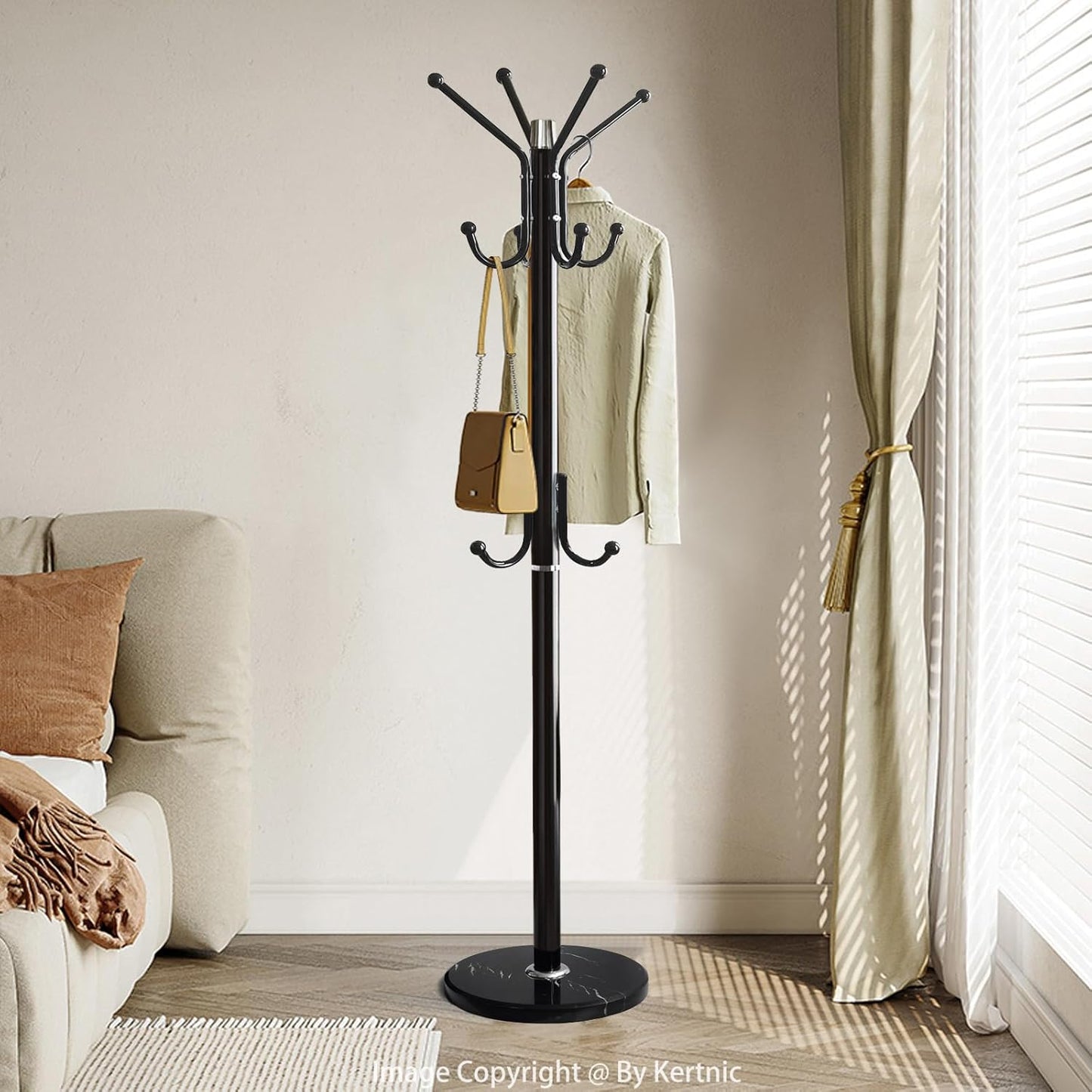 Modern Coat Rack Freestanding with Natural Marble Base & Sturdy Metal Frame, 11 Hooks Hall Tree for Jackets, Hats, Bags, Entryway Organizer for Bedroom, Living Room, Closet (Black)