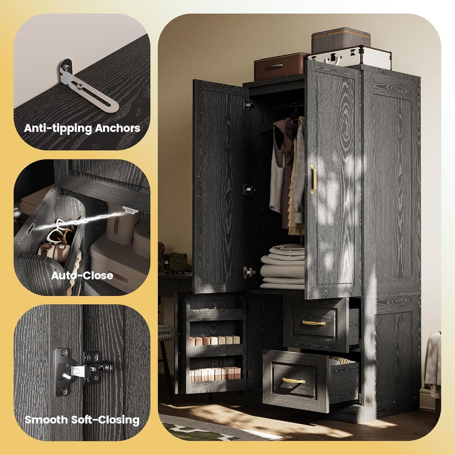 Wardrobe with Drawers, 71.1" H Wooden Closet with 2 Doors and Hanging Rod for Hanging Clothes, Tall Bedroom Freestanding Armoire Storage Cabinet, Stand Alone Clothing Organizer Closet, Black