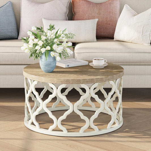 Farmhouse Coffee Table, French Country round Coffee Table, Coastal Coffee Table with Distressed Top, Boho Coffee Table with Curved Motif Frame Base for Living Room, Dining Room, Bedroom