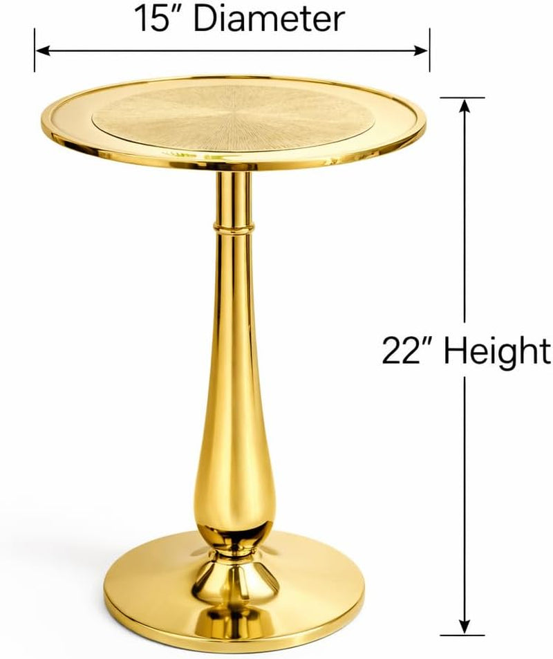 Gold round End Table – Modern Metal Accent Side Table with Embossed Top & Pedestal Base for Living Room, Bedroom, Entryway or Hallway, Electroplated Aluminum Design