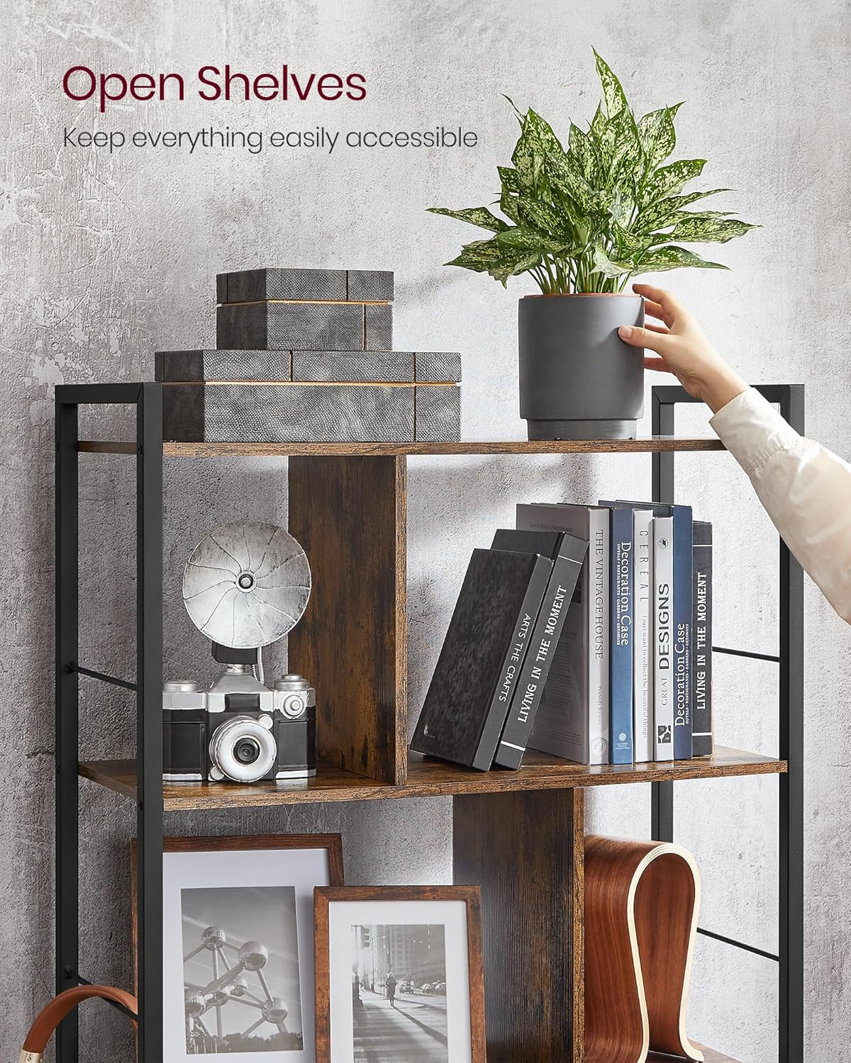 Bookshelf, 5-Tier Bookcase, Storage Shelving Unit, Display Shelf with Open Compartments for Living Room, Home Office, Bedroom, Industrial, Rustic Brown and Black ULBC121B01