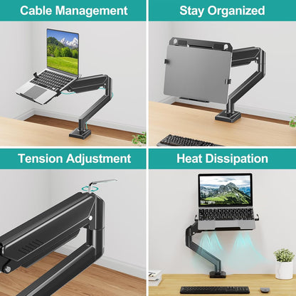 Laptop Arm Mount for Desk, 2 in 1 Function Monitor Laptop Stand, Fits Max 17" Notebook and 32" Computer Screen, Aluminum Single Monitor Holder with Adjustable Tray, Holds up to 22Lbs