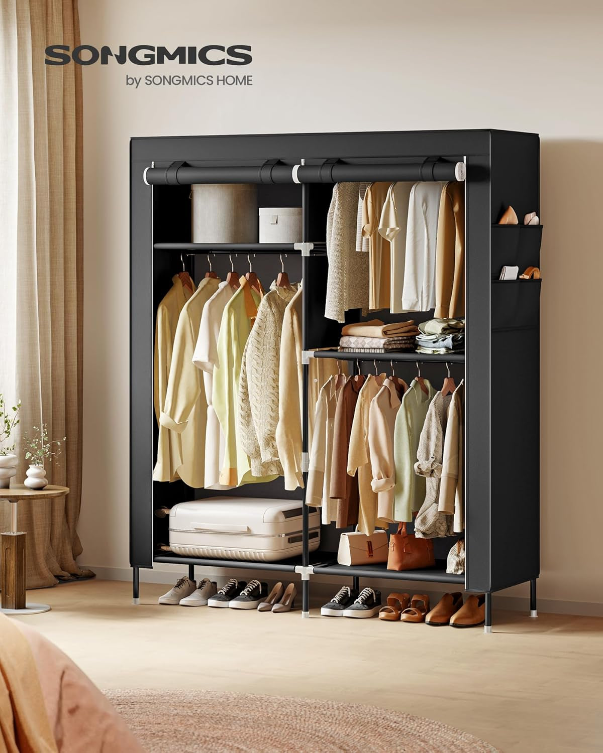 Portable Closet, Fabric Wardrobe, Clothes Rack with Shelves, Pockets, Large Capacity, 3 Hanging Rods, 17.7 X 50 X 70.9 Inches, Black URYG010BZ02