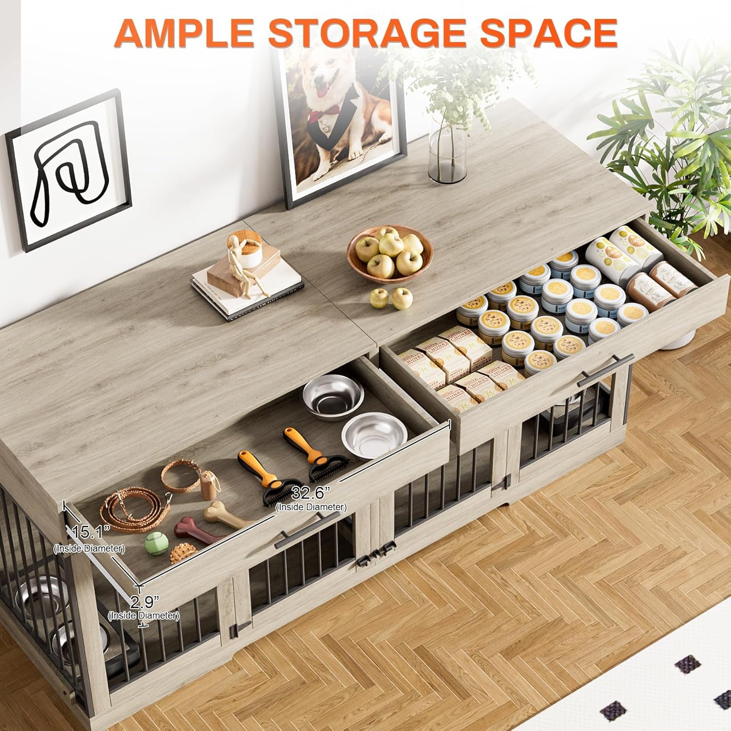 72" Dog Crate Furniture for 2 Dogs, Large Dog Kennel Furniture with 2 Storage Drawer and Removable Divider, Wooden Dog Cage with 4 Bowls, Indoor Dog House TV Stand for Medium Dog, Grey