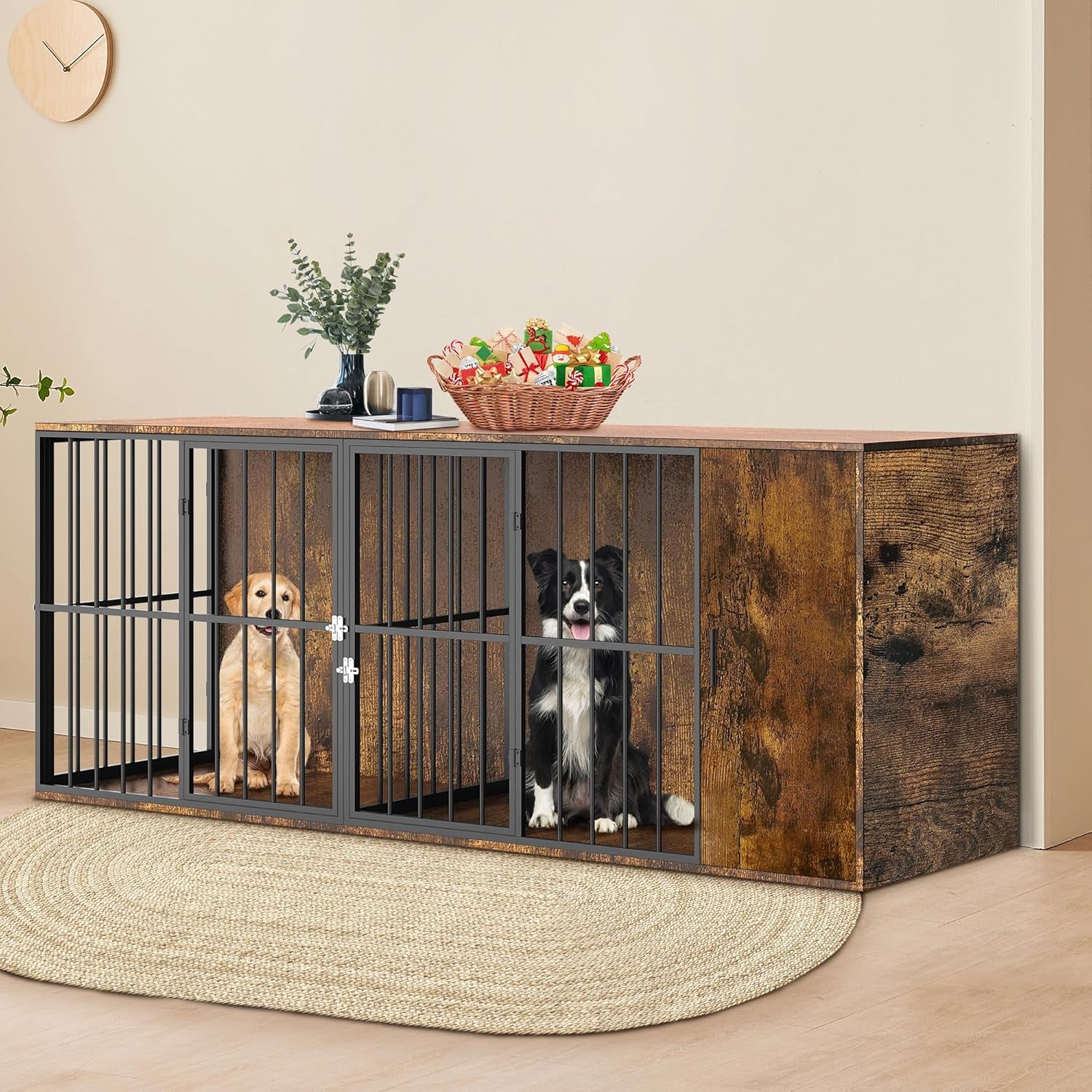 Dog Cage Furniture for 2 Dogs,Large Wooden Crate Furniture TV Stand,Large Crate Furniture with Cabinet and Removable Divider,Indoor Dog House,Pet Storage Cabinet