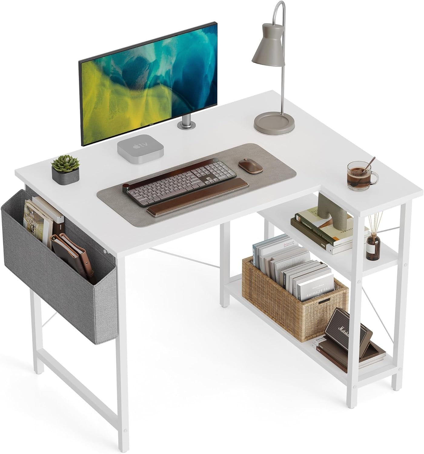 L Shaped Desk, 40 Inch Computer Desk with Reversible Storage Shelves Home Office Corner Desk Study Writing Table, White