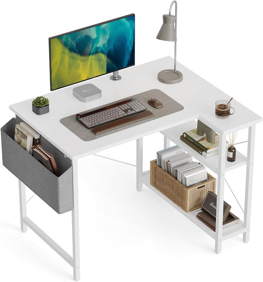 L Shaped Desk, 40 Inch Computer Desk with Reversible Storage Shelves Home Office Corner Desk Study Writing Table, White