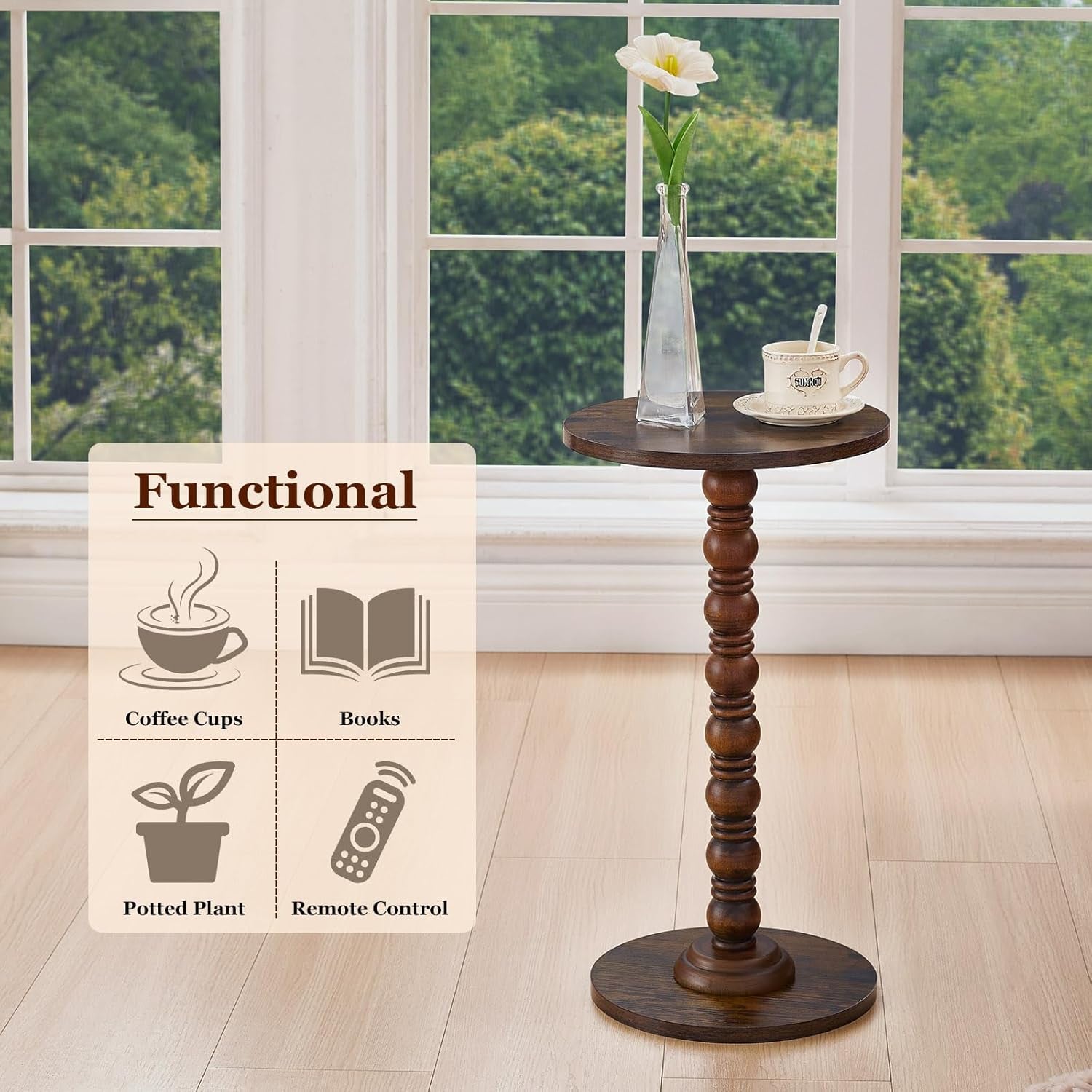 Round Side Table,Stable Small Drink Table for Small Spaces, Modern Accent Side Table with Solid Rubber Wood Table Leg,Easy Assembly for Living Room, Bedroom, Sofa & Office Corners-Rustic Brown