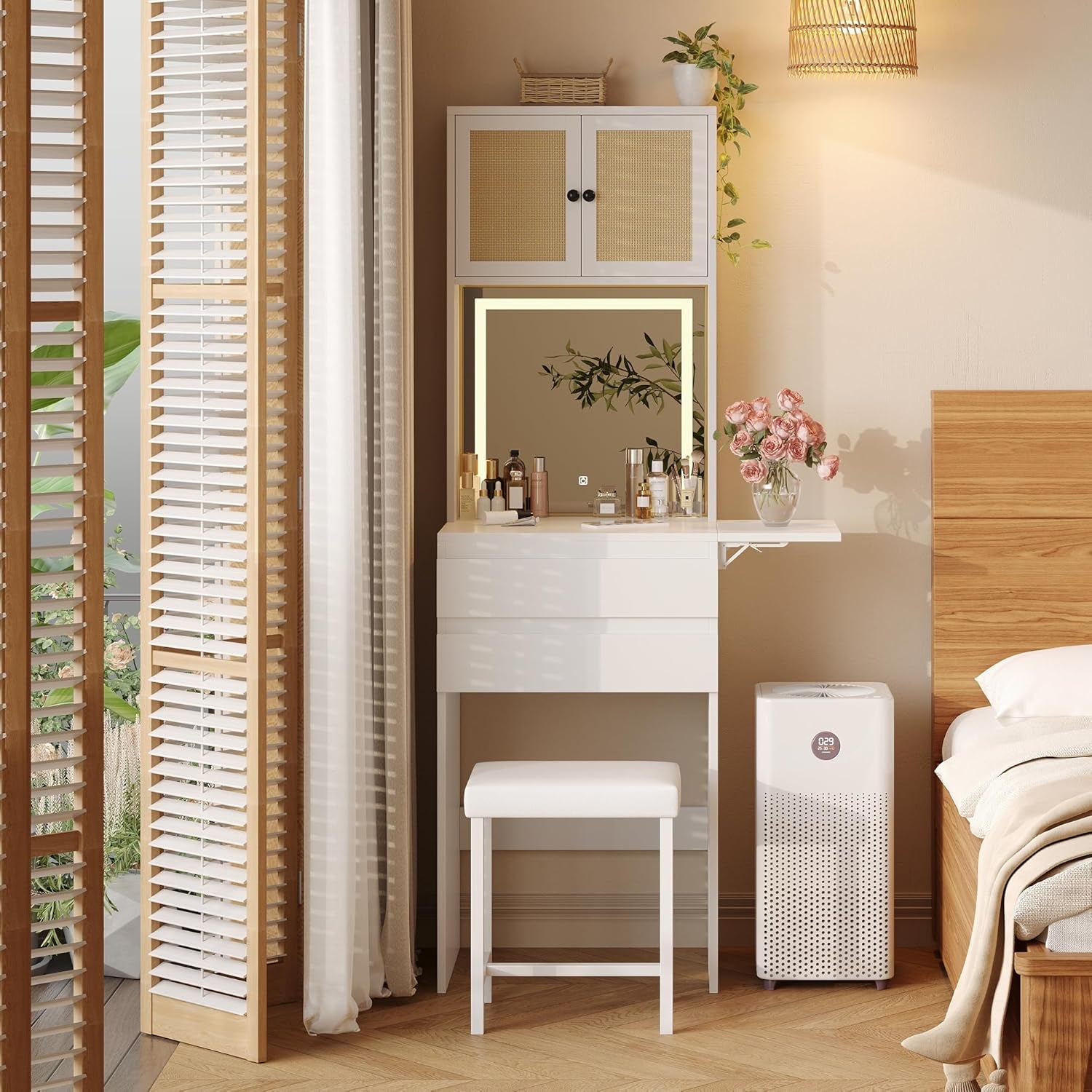 Small Vanity Desk with Mirror and Lights, White Compact Makeup Vanity with Chair and Fold-Up Panel for Small Spaces, Skinny Rattan Dressing Table Set, Dimmable 3-Color, Space Saving, Girls