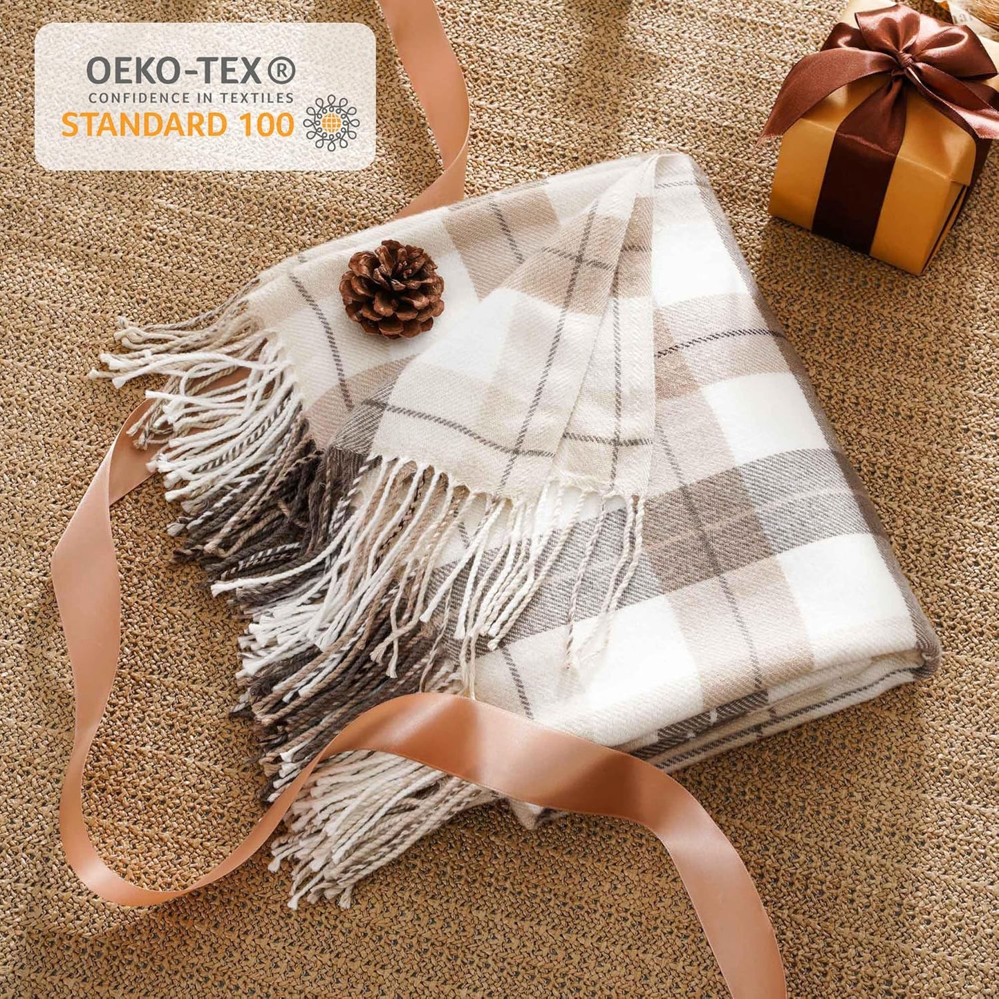 Fall Plaid Throw Blanket for Couch, Farmhouse Checkered Decor Throw, Lightweight Beige Throw Blankets for Bed Sofa Neutral Fall Decor, 50"X60"