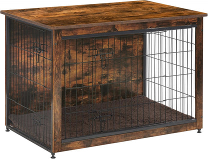 Dog Crate Furniture with Cushion, Wooden Kennel Table with Double Doors, Indoor Dog House, Medium Size, 32.5" L, Rustic Brown
