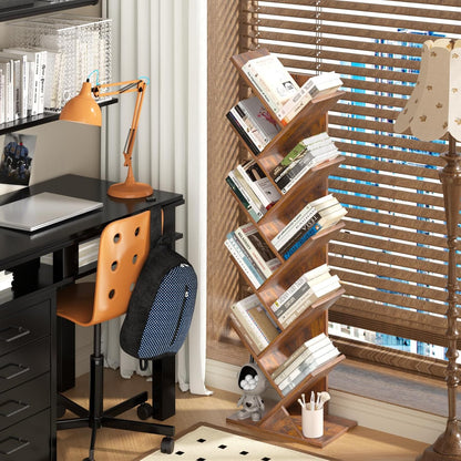 10 Tier Tree Book Shelf, Floor Standing Wood Bookshelf for Narrow Space, Storage Organizer Bookshelves for Books/Cds/Magazine, Bookcase with Shelves for Home Office, Living Room - Brown
