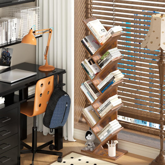 10 Tier Tree Book Shelf, Floor Standing Wood Bookshelf for Narrow Space, Storage Organizer Bookshelves for Books/Cds/Magazine, Bookcase with Shelves for Home Office, Living Room - Brown