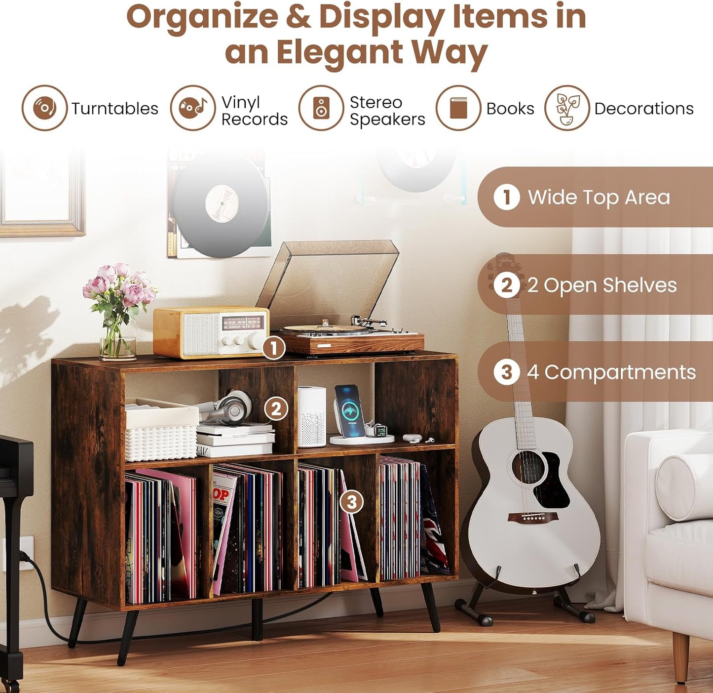 Large Record Player Stand with Charging Station, Turntable Stand Holds up to 450 Albums, Record Player Table with Raised Leg, Vinyl Record Storage for Living Room (Rustic Brown)