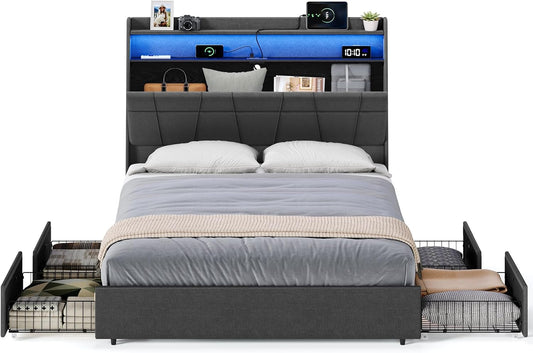 Queen Bed Frame with 51.4 Inch Tall Storage Headboard, Bed Frame Queen Size with 4 Storage Drawers on Wheels, LED Lights, Charging Station, No Box Spring Needed, Modern, Dark Gray URMB891G02