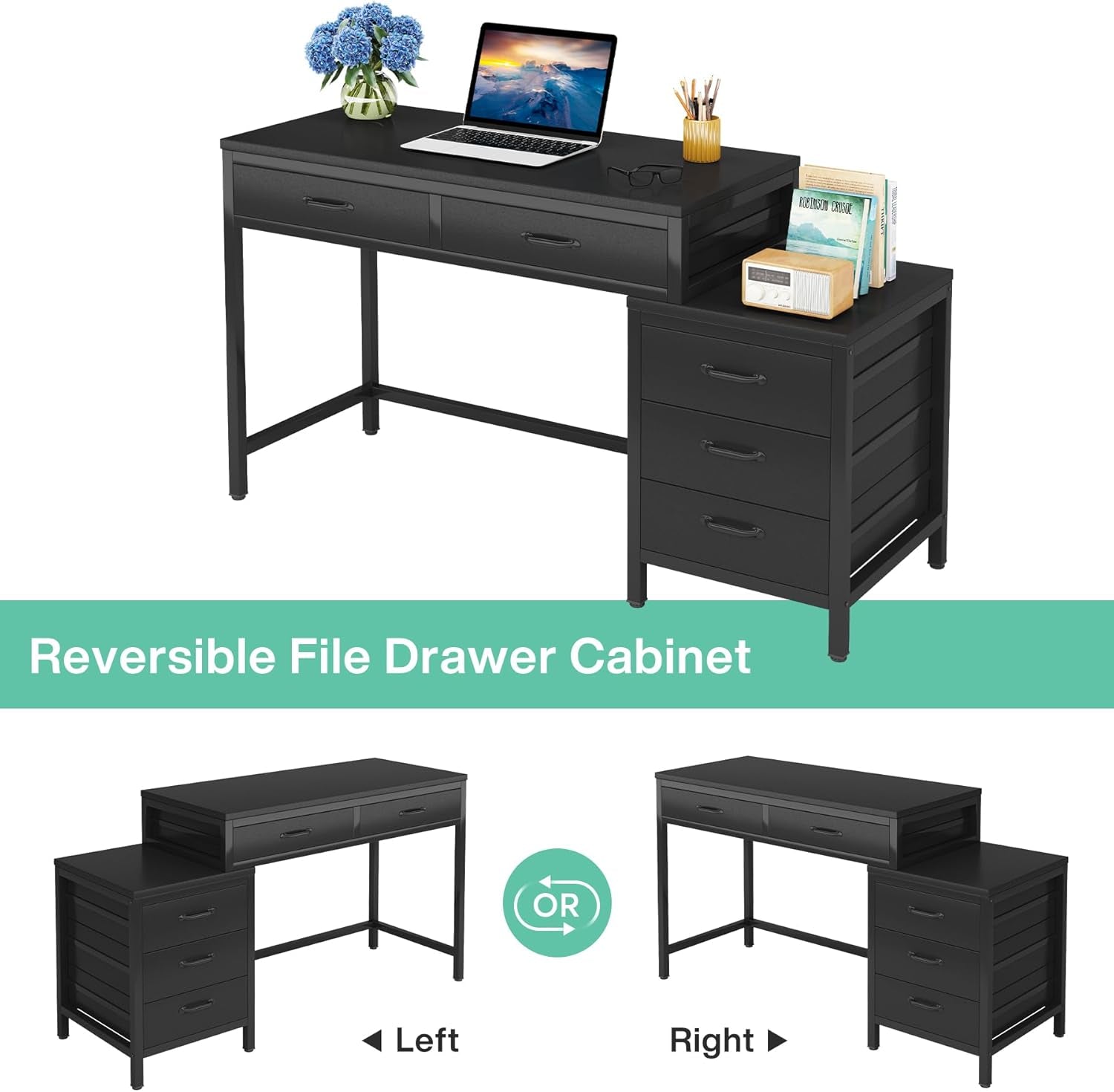 Computer Desk with 5 Drawers, Home Office Desks with Reversible Drawer Cabinet Printer Stand, Industrial PC Desk with Storage, Rustic Study Writing Table Workstation for Small Spaces, Black