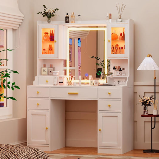 White Makeup Vanity Desk with Mirror and Lights, Large Vanity Table Set with Charging Station, Dressing Table with RGB Cabinets, Makeup Vanity Mirror with Light Desk and Drawers, 3 LED Lights Modes