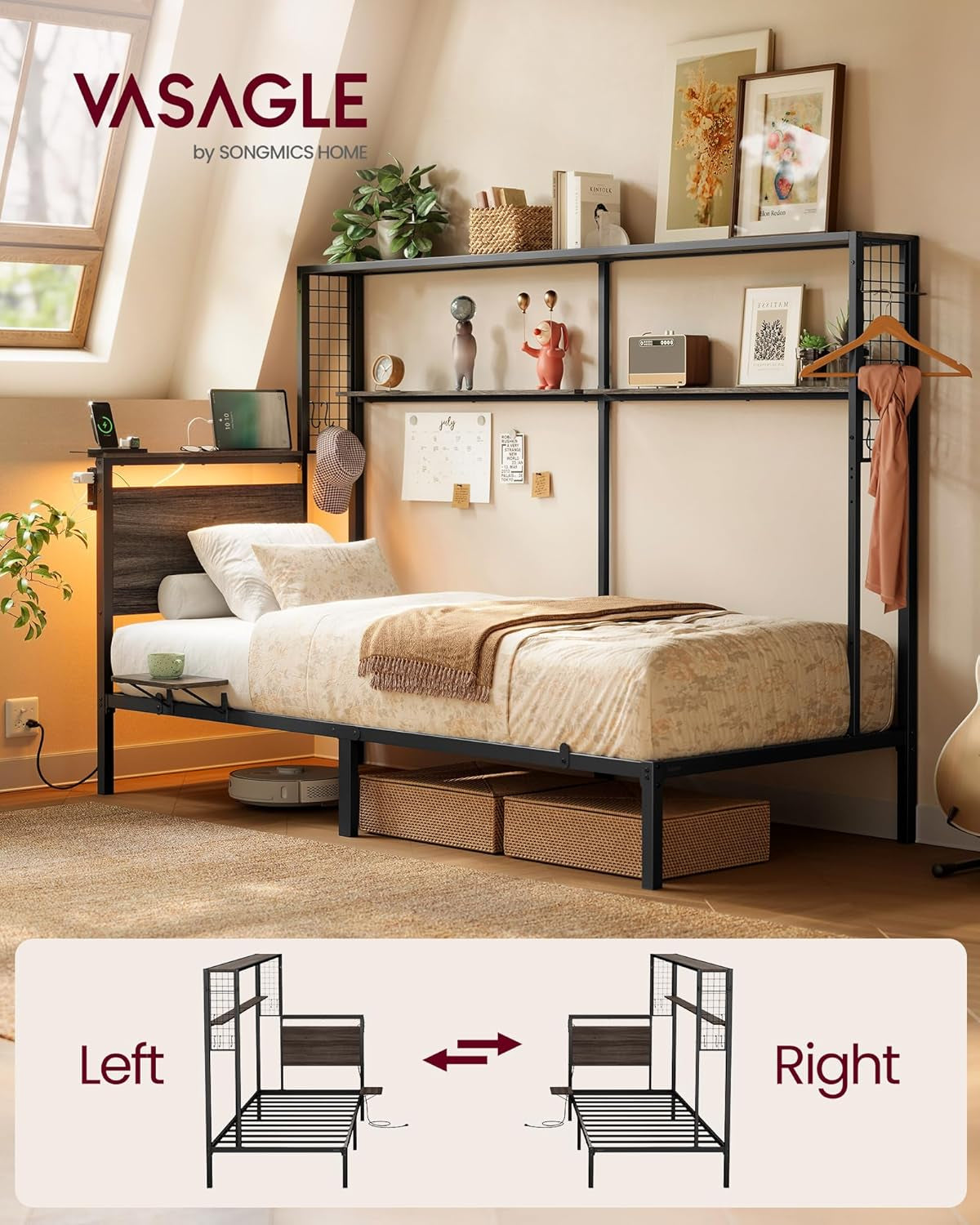 Twin Size Metal Bed Frame with Headboard, Multifunctional Storage, Built-In LED Lights, Charging Station, Bookshelf, Bedside Shelf, Space-Saving, No Box Spring Needed, Ash Brown URMB963K01
