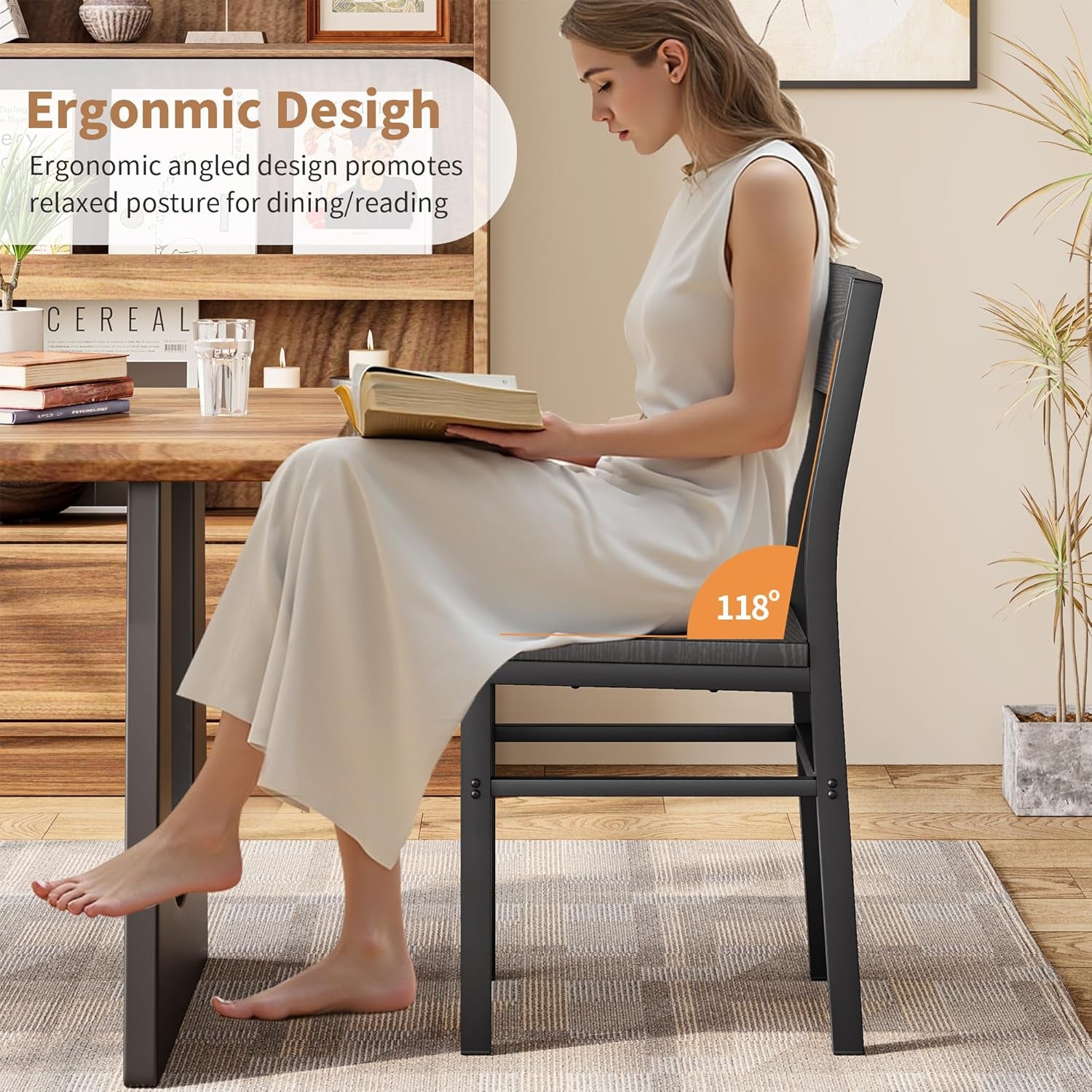 Dining Chairs Set of 4, Rustic Wood Dining Room Chairs with Thickened and Strengthened Metal Steel Frame & Slat Back, Modern Farmhouse Chair for Kitchen, Dining Room (4, Dark Black)