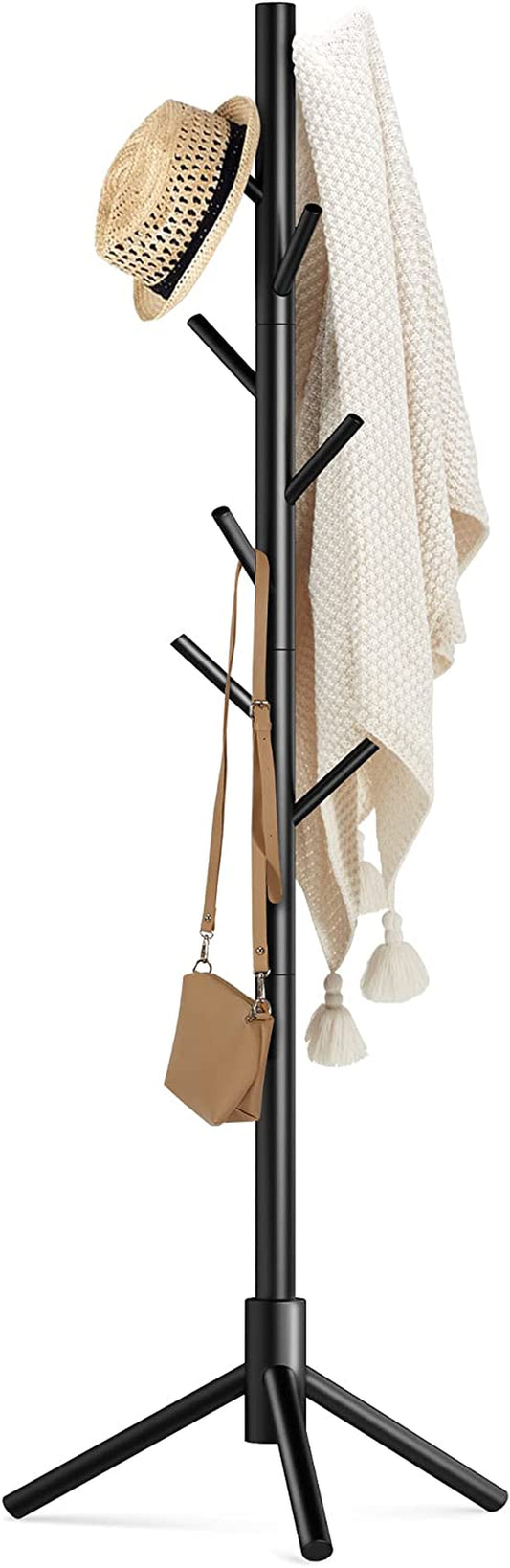 Wooden Coat Rack Stand with 8 Hooks New Zealand Pine 3 Adjustable Coat Standing Tree Easy Assembly for Coats, Hats, Scarves and Handbags for Entryway, Hallway, Bedroom, Office