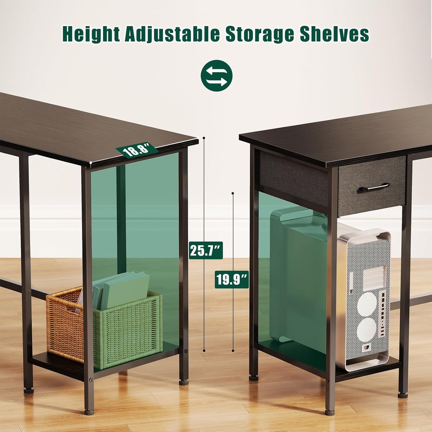 59 Inch L Shaped Computer Desk with Power Outlets, Home Office Desk with 4 Adjustable Storage Drawers & 2 Monitor Stands, Two Person Gaming Table for Bedroom, Black