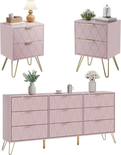 Pink 9 Drawer Dresser and Night Stand Sets for Bedroom, Two Drawers Nightstand Set of 2 & 9 Drawer Dresser Combo 3 Pieces (Pink)