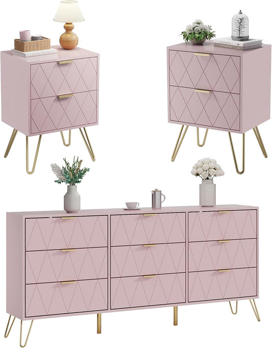 Pink 9 Drawer Dresser and Night Stand Sets for Bedroom, Two Drawers Nightstand Set of 2 & 9 Drawer Dresser Combo 3 Pieces (Pink)