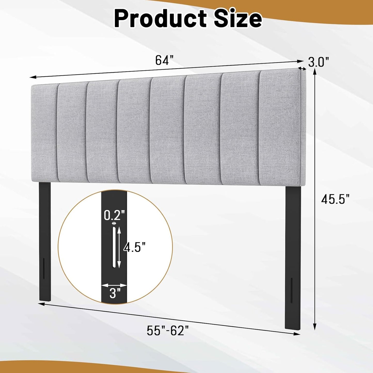 Linen Upholstered Headboard for Full & Queen Size Bed, Vertical Channel Tufted Rectangular Headboard with Solid Wood Legs & Adjustable Width, Padded Bed Backboard, Easy Assembly (Gray)
