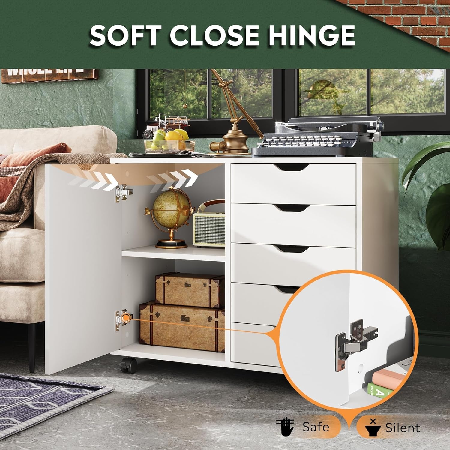 5-Drawer Wood Drawer Cabinet, Office Storage Cabinet with Adjustable Shelf & Wheels, Printer Stand for Home Office, White