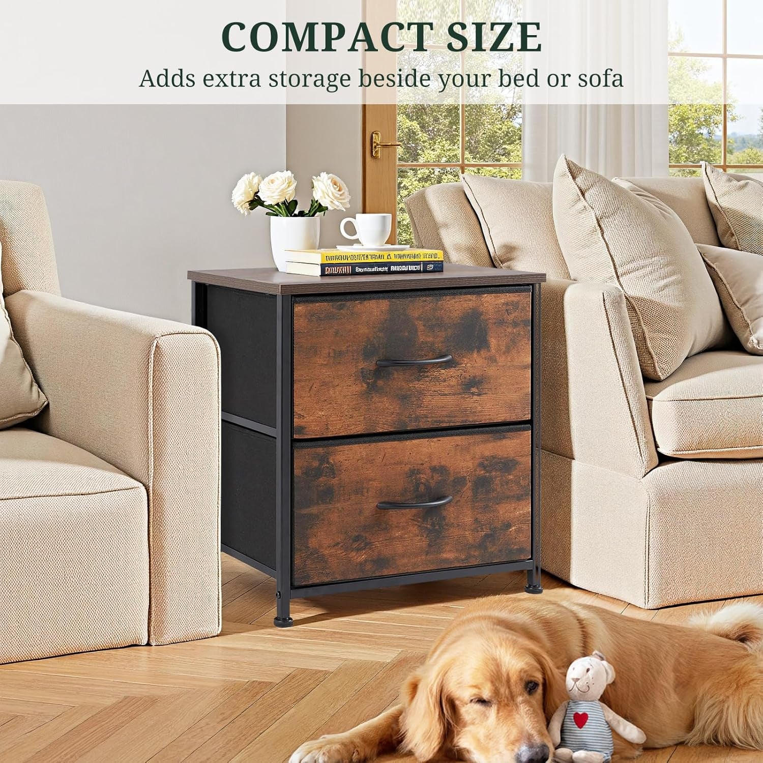 Nightstand, Small 2 Drawer Dresser End Table Bedside Furniture, Wooden Top Fabric Bins for Bedroom, Closet, Entryway, Dorm, 11.8" D X 18" W X 20", Gray