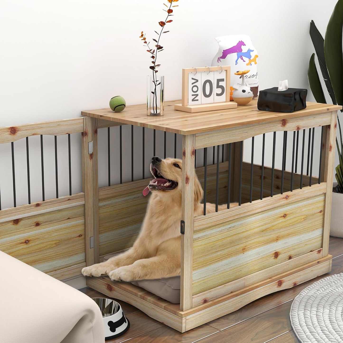 Solid Wood Dog Crates for Medium Dogs, Multifunctional Dog Kennel Furniture, Sufficient Space for Pets Dog Kennel Indoor, Medium Dog Crate Furniture with Reliable Metal Lock