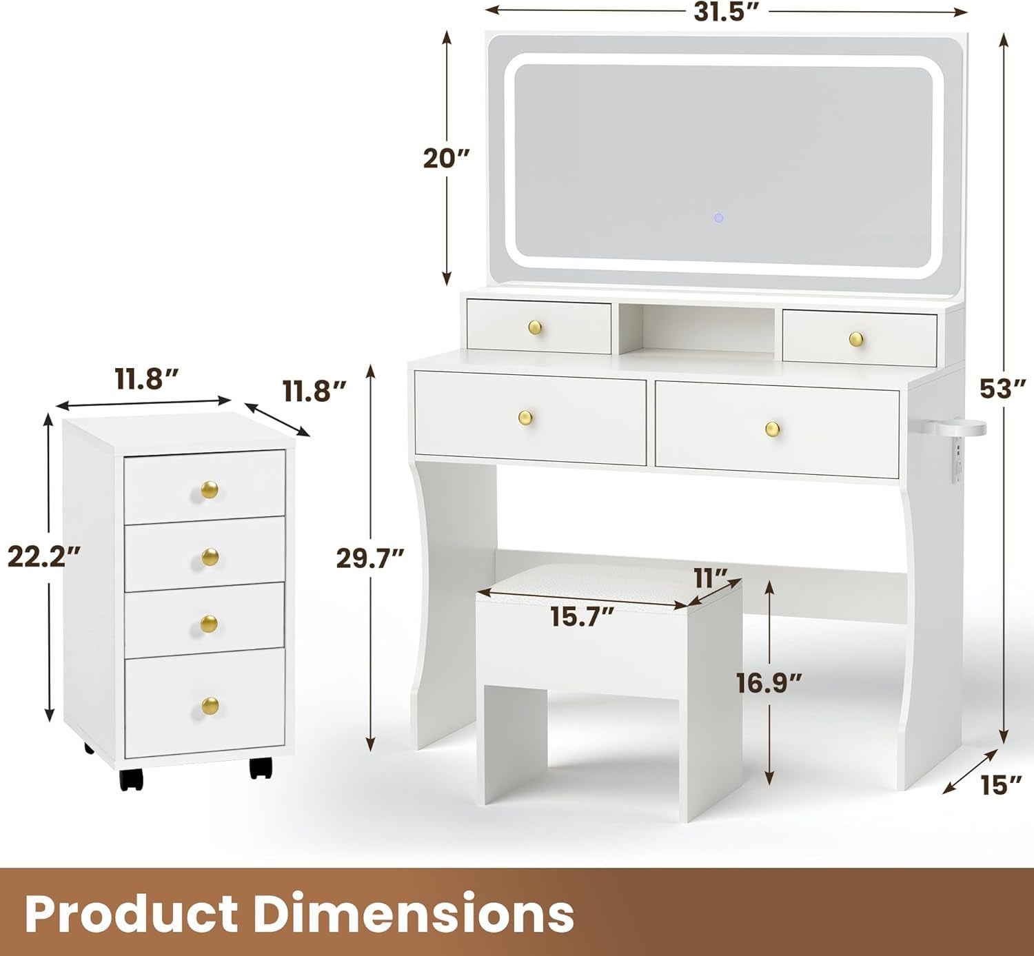 Vanity Desk with File Cabinet, 8 Drawers Makeup Vanity with Mirror and Lights,3 Lighting Modes Dressing Table with Chair, Power Outlet, Silent Slides, White