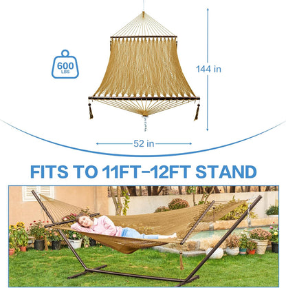 2 Person Caribbean Rope Hammocks for Outside, 12Ft Handwoven Polyester Double Hammock with Spreader Bar for Outdoor Indoor, Max 600 Lbs Capacity (Tan)