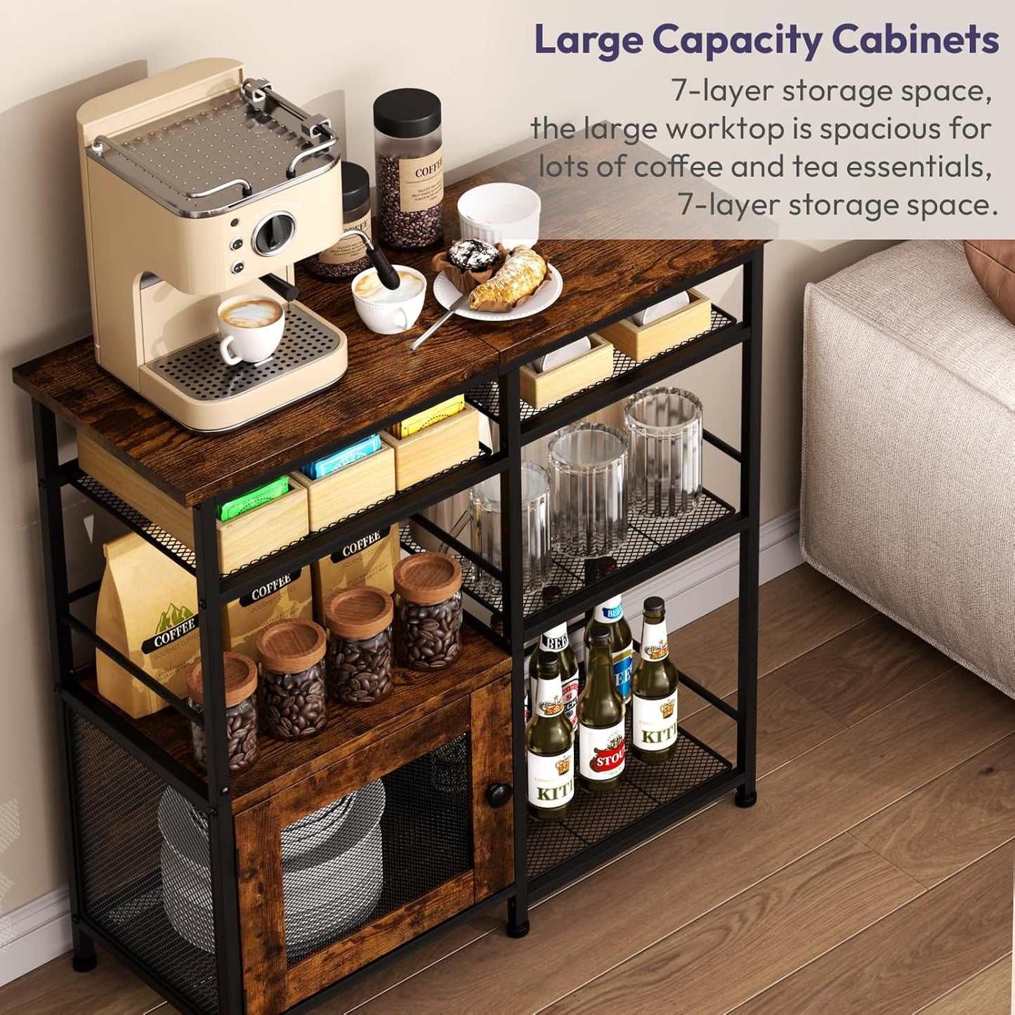 Coffee Bar Cabinet Station - Farmhouse Small Coffee Stand Station with Doors, Rustic Storage Organizer for Kitchen, Buffet Sideboard Cabinet Table for Home, Office, Corner, Bar, Espresso