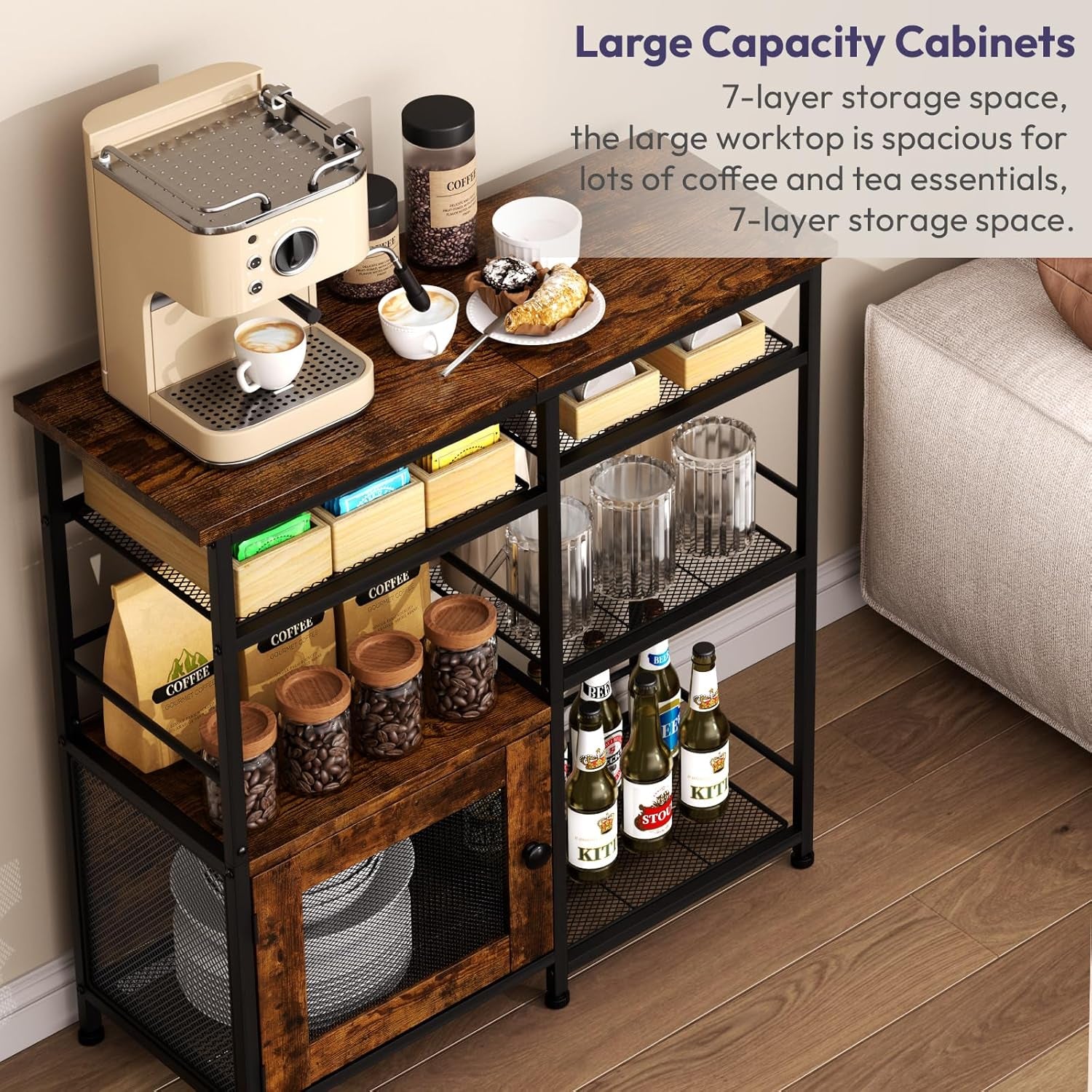 Coffee Bar Cabinet Station - Farmhouse Small Coffee Stand Station with Doors, Rustic Storage Organizer for Kitchen, Buffet Sideboard Cabinet Table for Home, Office, Corner, Bar, Espresso