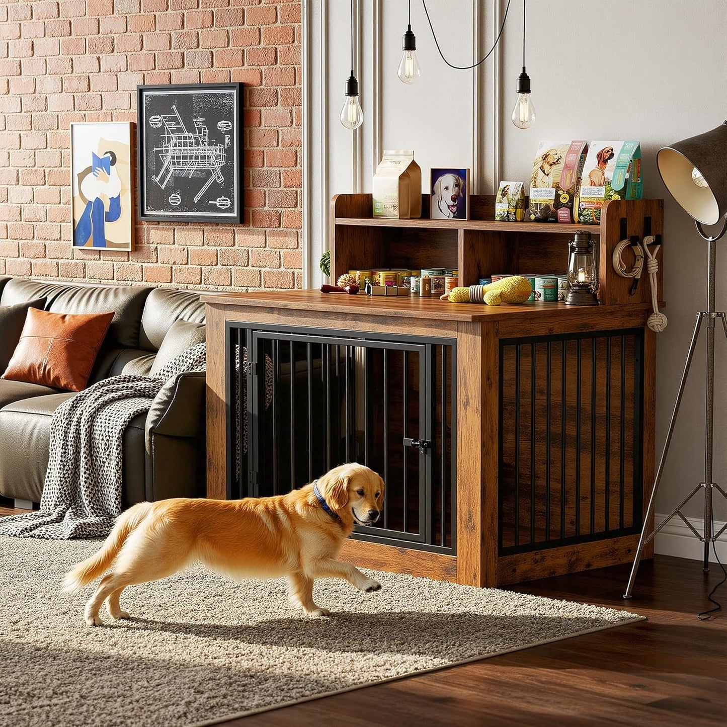 Extra Large Dog Crate Furniture, 43.3 Inches Wooden Dog Crate with Storage and 4 Hooks, Heavy Duty Pet Crate for Large Dog, Decorative Pet Cage for Indoor (30" L X 43.3" W X 41.1" H)