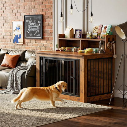 Extra Large Dog Crate Furniture, 43.3 Inches Wooden Dog Crate with Storage and 4 Hooks, Heavy Duty Pet Crate for Large Dog, Decorative Pet Cage for Indoor (30" L X 43.3" W X 41.1" H)