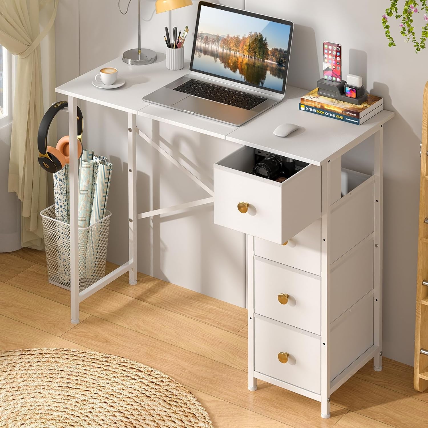 Small White Desk with Drawers for Bedroom, 35.4 Inch Kids Girls Teens Student Writing Desk with Storage, Reversible Study Table, White Computer Desk for Home Office, Makeup Vanity Desk for Small Space