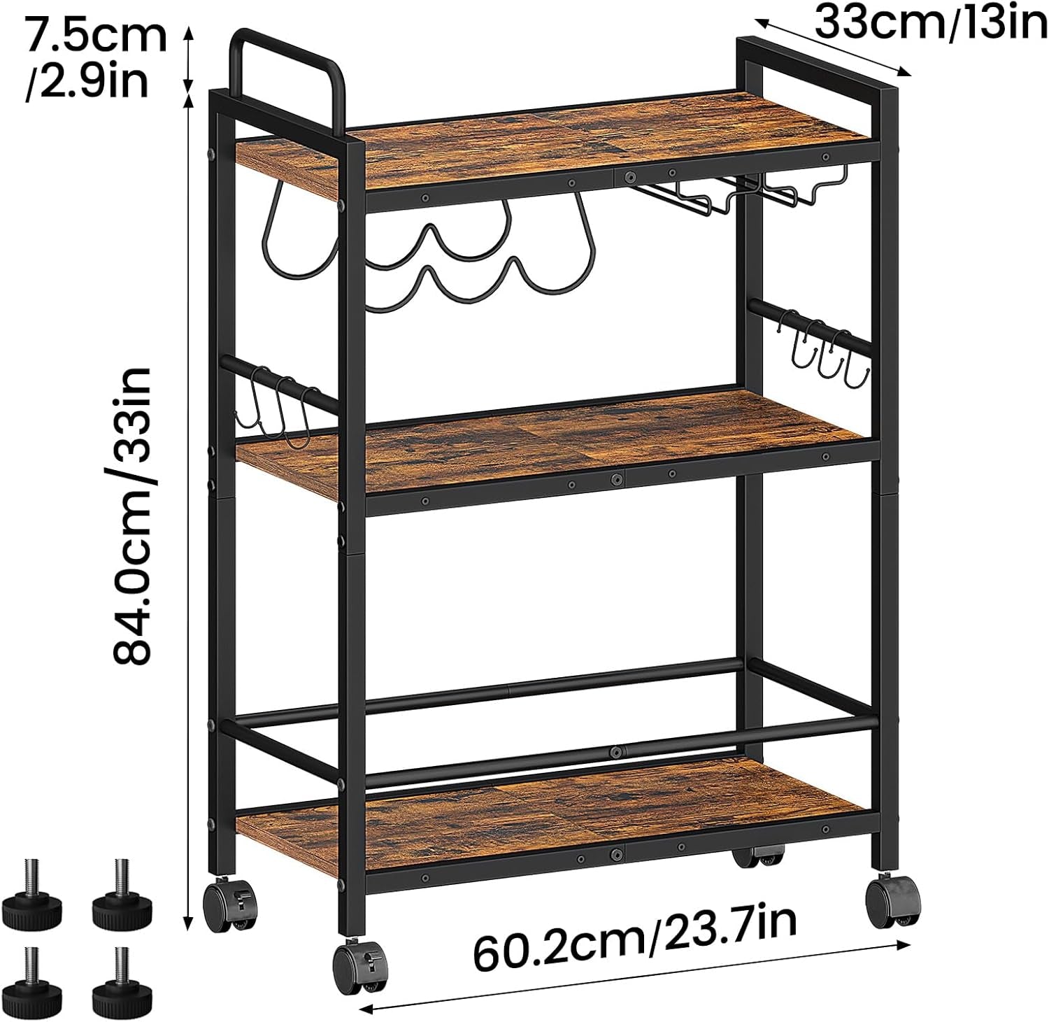 Home Bar Serving Cart, Serving Cart with Wheels and Handle, 3 Tier Rolling Kitchen Cart, Microwave Cart, Beverage Cart with Wine Holder and Glass Holders, for Dinning Room, Living Room, Kitchen