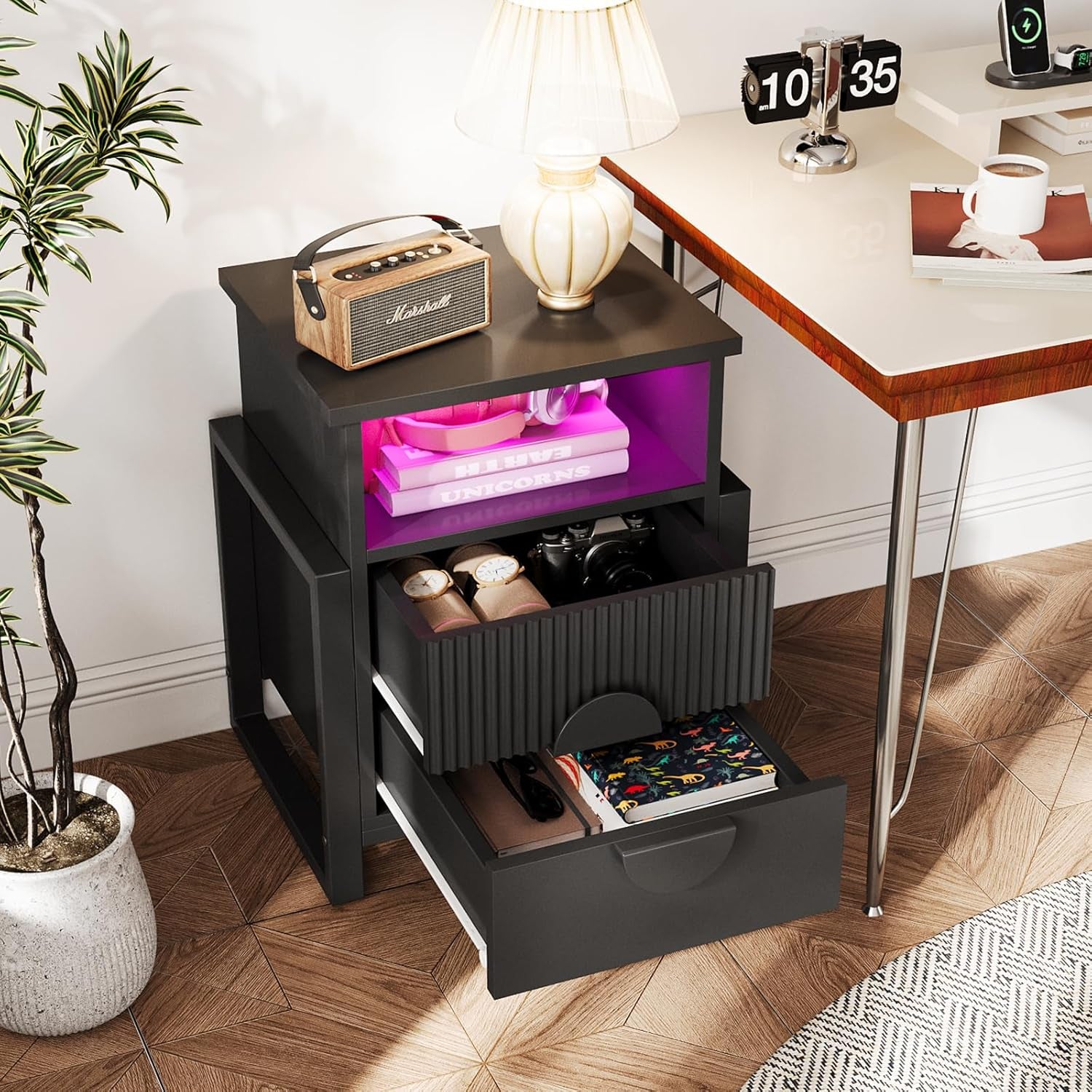 Set of 2 Fluted Nightstand with Charger Station Strip Lights, 20.47" W Night Stand with 2 Drawers, Large Accent Bed Side Table and End Table, Large Open Cubby, Raising H Legs,Black