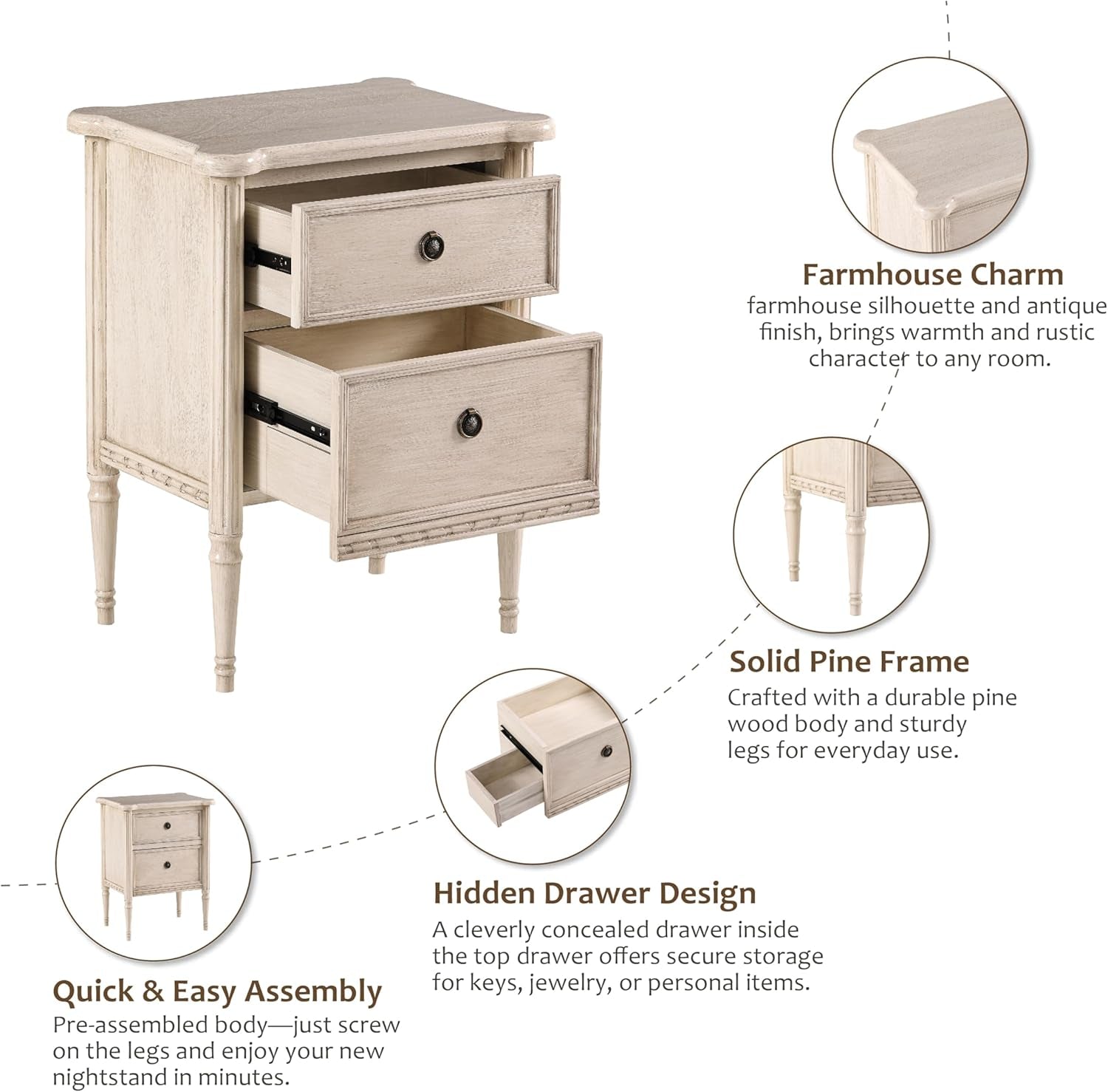 Farmhouse 2 Drawer Nightstand with Hidden Drawer, Antique Finish, Solid Pine Wood with MDF Drawers, Almost Fully Assembled, Cream White