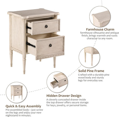 Farmhouse 2 Drawer Nightstand with Hidden Drawer, Antique Finish, Solid Pine Wood with MDF Drawers, Almost Fully Assembled, Cream White