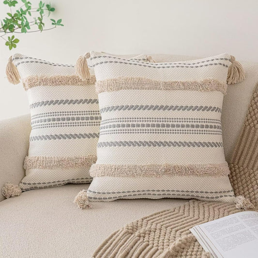 Boho Throw Pillow Covers 18X18 Set of 2 Woven Tufted Farmhouse Pillows Cover with Tassels Textured Striped Cushion Case Neutral Pillow Cases Decorative Pillowcase for Sofa, Couch, Bed, Khaki