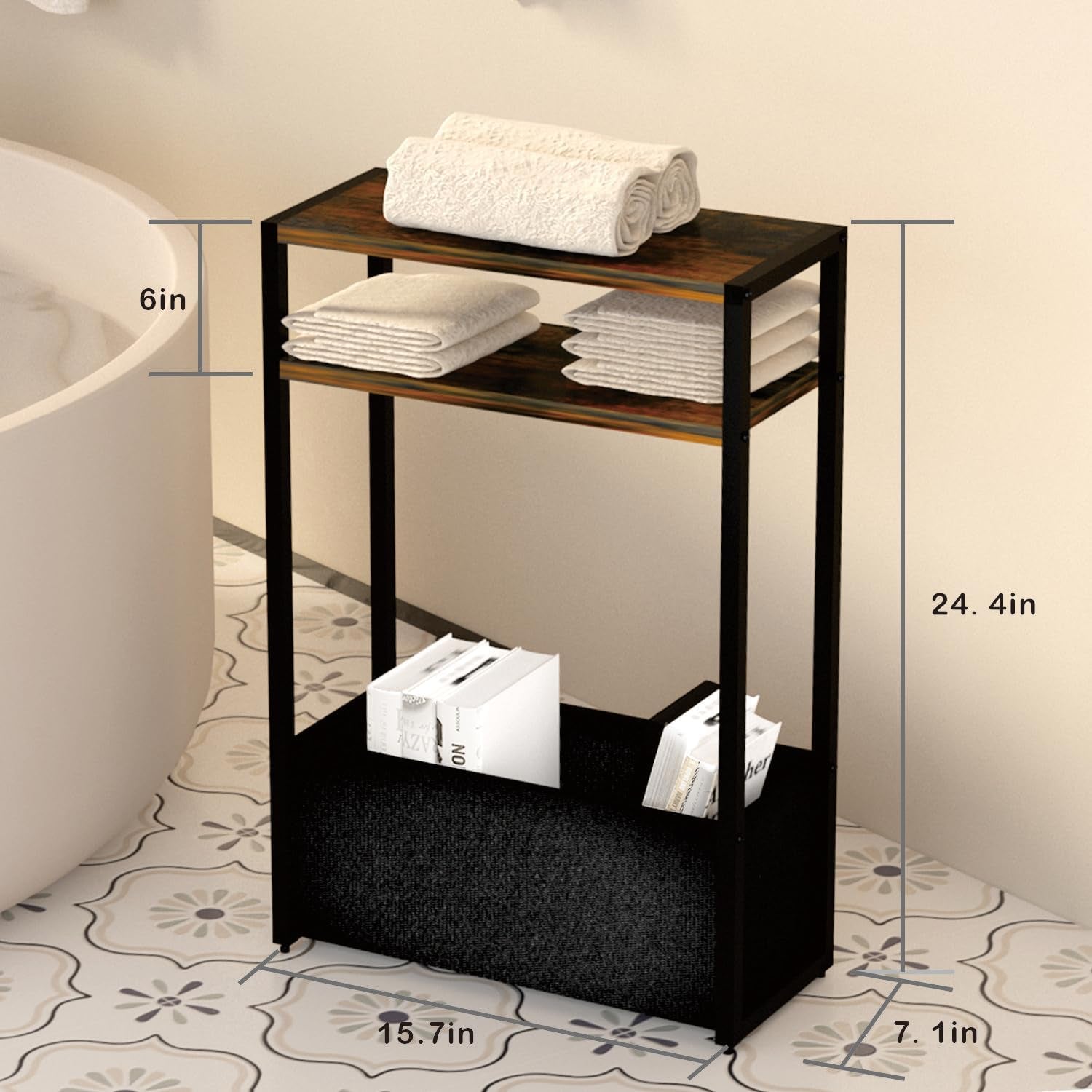 Narrow Side Table 15.7" - Slim Bedside Table with Storage Shelf & Basket, Space-Saving End Table for Studio/Dorm/Apartment, Modern Design Easy Assembly