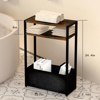 Narrow Side Table 15.7" - Slim Bedside Table with Storage Shelf & Basket, Space-Saving End Table for Studio/Dorm/Apartment, Modern Design Easy Assembly