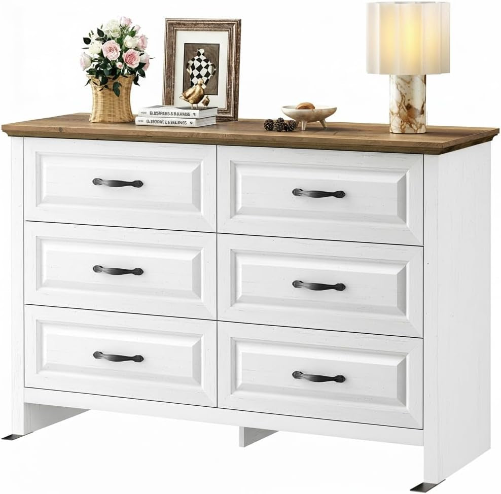 Farmhouse 6 Drawer Dresser, Wood Chest of Drawers with Natural Texture, Smooth Gliding Drawers, Versatile Storage Organizer Cabinet for Bedroom & Living Room, White and Brown