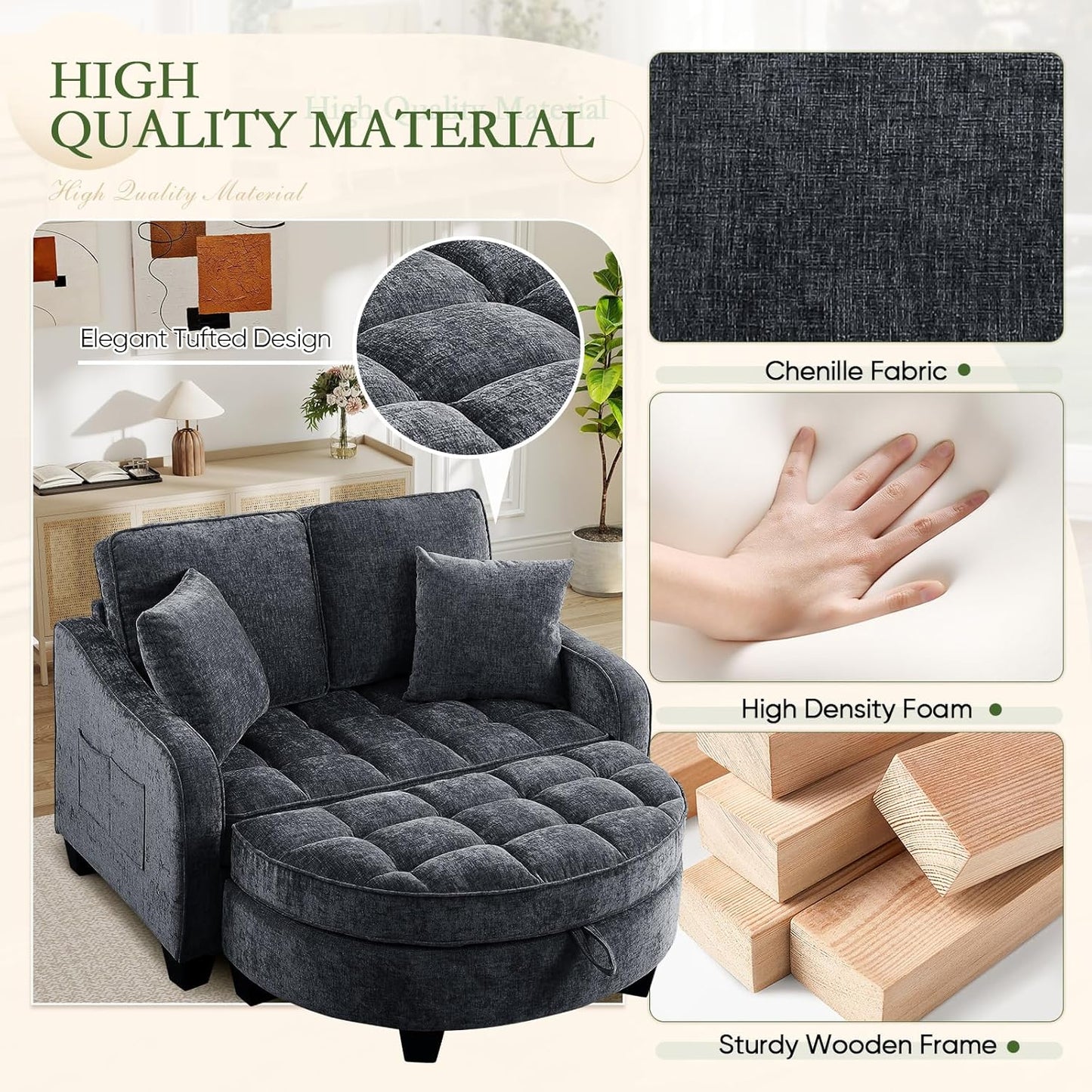 Chaise Lounge Chair Indoor, Chenille Oversized Sofa Chair with Storage Ottoman & Adjustable Backrest, Fluffy Loveseat Sofa, Comfy Convertible Sleeper Couch Bed for Living Room, Bedroom(Beige)