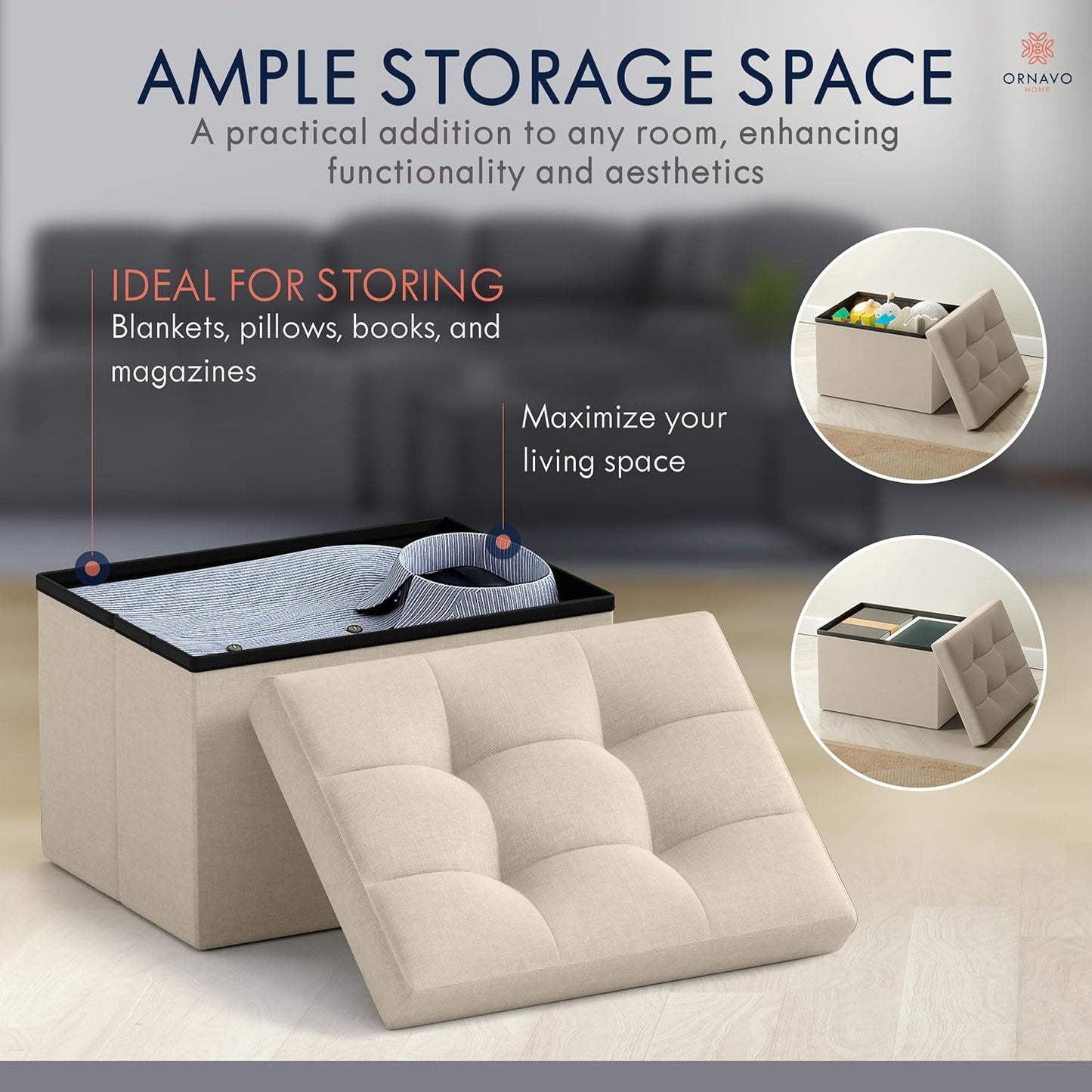 Small Storage Ottoman Foldable Collapsible Rectangle Linen Ottoman Foot Rest Stool Seat, for Living Room, Bedroom, Home Office, Dorm - 12 X 16 X 12, Beige