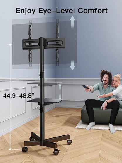 Rolling TV Stand on Wheels for 23-60 Inch Flat Curved Screen Tvs, Mobile TV Cart Height - Adjustable with Shelf/Tray, Portable TV Stand Holds up to 55 Lbs, Max VESA 400X400Mm, PSTVMC04