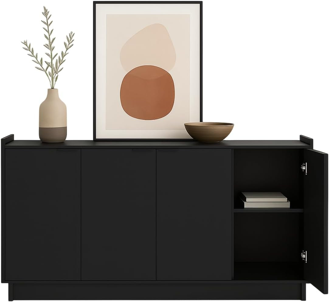 Simply Modern 4 Door Console Table Storage Cabinet, Buffet Cabinet for Storage and Organization, Modern Side Table with Doors & Shelves, 60”W X 30”H X 16”D, Black